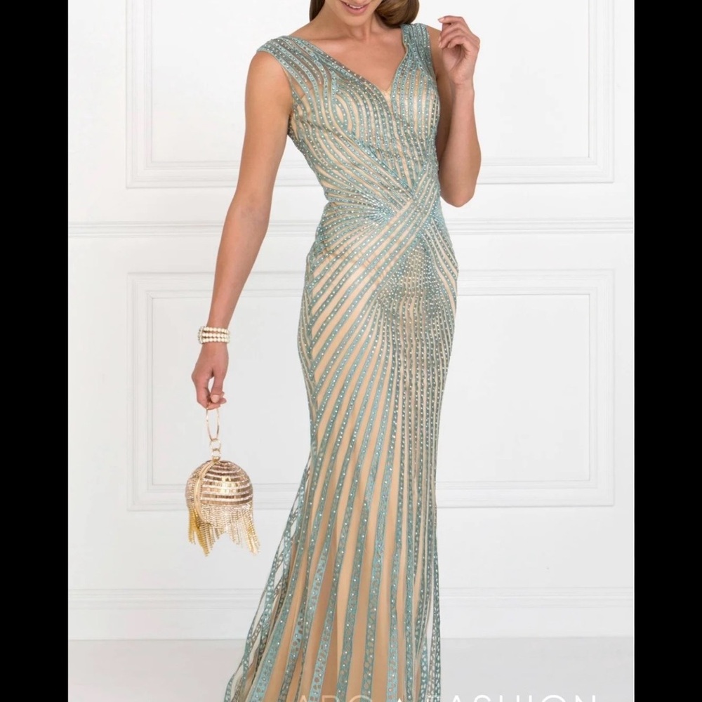 Elegant Blue and Cream Evening Gown